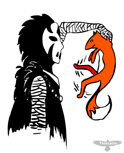 A woman in black holds up a fox